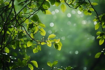 Sticker - Green Leaves with Sunlight Shining Through in a Forest Setting