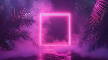 Sticker - Neon Square Frame with Tropical Plants and Purple Fog