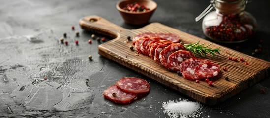 Sticker - Wooden cutting board salt pepper and slices of Salchichon on a dark table. Copy space image. Place for adding text and design