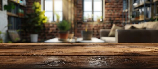 Poster - Vacant wooden table in the background of a blurred room interior. Copy space image. Place for adding text and design