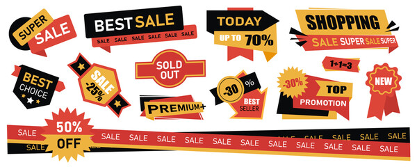 Aufkleber - Sale tags mega set in flat graphic design. Collection elements of advertising stickers or badges for shopping clearance offers with discount percent prices and promo announcement. Illustration.