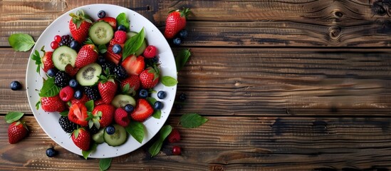 Wall Mural - Fresh berry salad on a plate set against a wooden background Flat lay top view copyspace