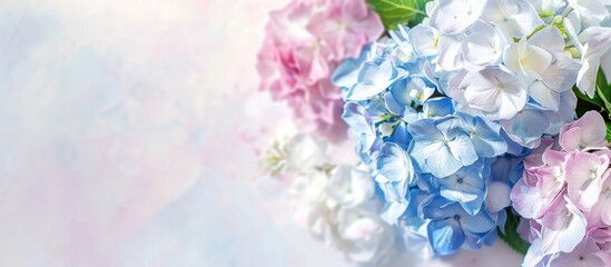 Poster - Bouquet of blue white and pink phlox flowers Hydrangea hortensia featuring copyspace for wedding or greeting cards