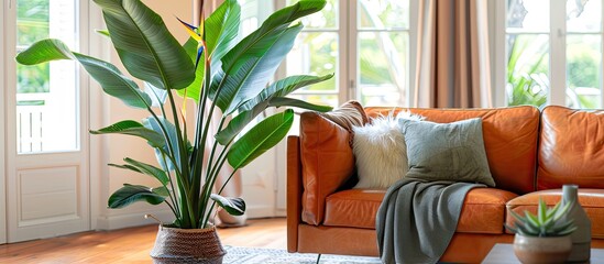 Horizontal image of a vibrant living room featuring a large tropical houseplant the giant white bird of paradise strelitzia nicolai with copy space