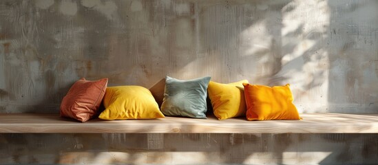 Poster - Decorative cushions on a shelf against a wall backdrop. Copy space image. Place for adding text and design