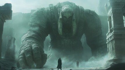 Canvas Print - A Stone Giant Stands Before Two Figures in a Foggy Landscape