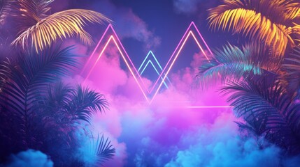 Sticker - Tropical Palms with Glowing Neon Triangles and Fog