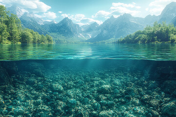 Wall Mural - A lake on one side filled with crystal clear water, and on the other side, polluted and murky, representing environmental care versus destruction.