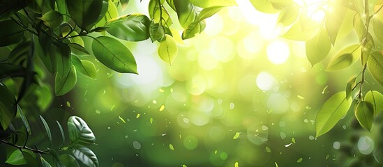 Poster - Blurred natural backdrop with sunlight shining through trees viewed from below in a green environment. Copy space image. Place for adding text and design