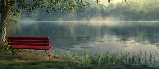 Sticker - Red bench by the lake Tranquil. Copy space image. Place for adding text and design