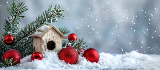 Wall Mural - Christmas arrangement featuring a toy birdhouse red baubles and fir branches on snow Copyspace