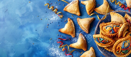 Canvas Print - Purim celebration concept Jewish carnival holiday on a blue background top view copyspace Flat lay featuring hamantaschen cookies and a mask