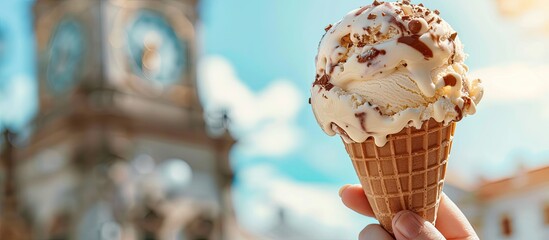 Sticker - A hand holding ice cream with chocolate in front of a clock tower background. Copy space image. Place for adding text and design