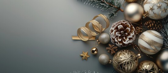 Sticker - Beautiful golden white and crafted red tape decorative baubles on a gray background with a pine cone for the New Year Copy Space Numerous lovely decorative baubles for the Christmas tree Gift box