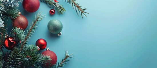 Poster - Coniferous branches and Christmas ornaments set against a blue background for New Year s copy space