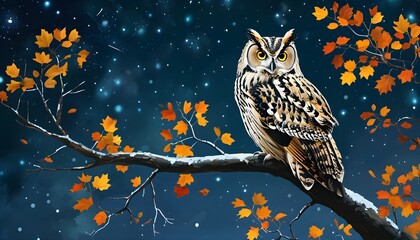 Wall Mural - Enchanting Owl Resting on Autumn Branch Beneath a Canvas of Twinkling Stars