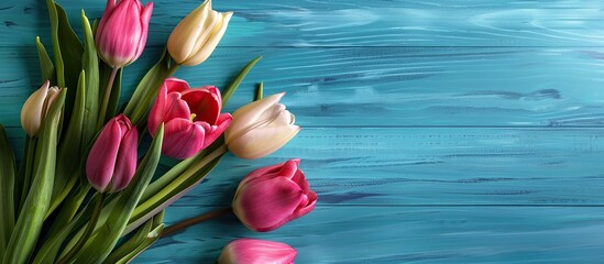 Wall Mural - Bouquet of tulip flowers on a wooden aquamarine background. Copy space image. Place for adding text and design