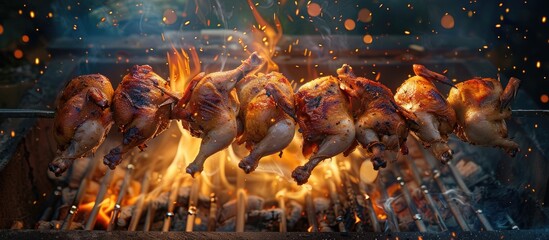 Wall Mural - Roasted chickens on a spit grilled over the fire of a large barbecue. Copy space image. Place for adding text and design