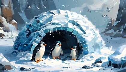 Poster - Charming Penguin Builds Warm Igloo in a Beautiful Snowy Wilderness