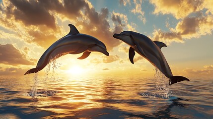 A pair of dolphins jumping playfully out of the ocean at sunrise