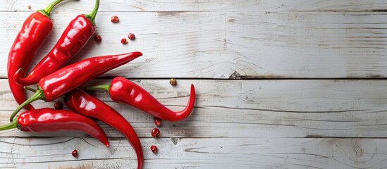 Sticker - selection of chili peppers on a white wooden table background. Copy space image. Place for adding text and design