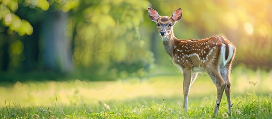 Canvas Print - A deer on green grass with a blurred background. Copy space image. Place for adding text and design