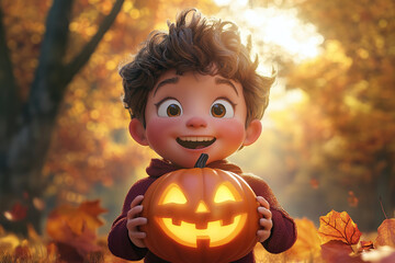 Sticker - Cartoon child boy holding halloween pumpkin in park