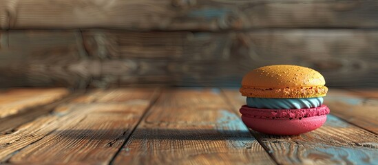 Wall Mural - Colorful macaroon on a wooden table with a wooden background. Copy space image. Place for adding text and design