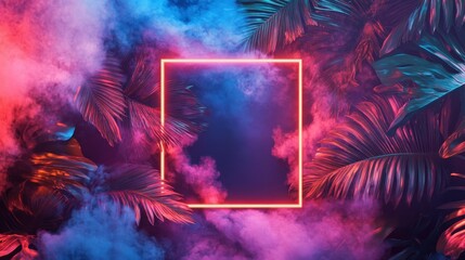 Poster - Tropical Palm Leaves with Neon Light Frame and Smoke