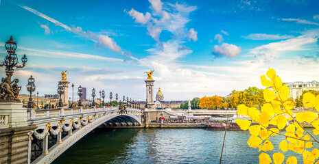 Sticker - Paris landmark - famouse Alexandre III Bridge over Seine under blue sky at fall, Paris, France, web banner format