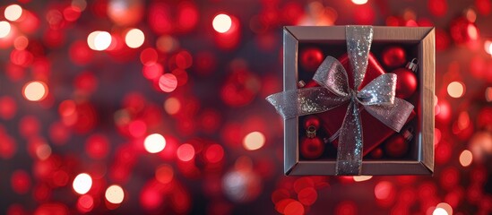 Wall Mural - Happy New Year message in a box frame adorned with a silver ribbon bow on a background of blurred red Christmas lights. Copy space image. Place for adding text and design