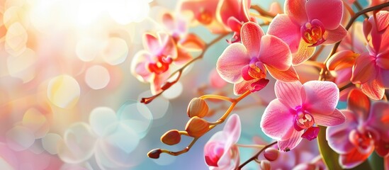 Sticker - Lovely orchid flowers and leaves on a colorful background. Copy space image. Place for adding text and design