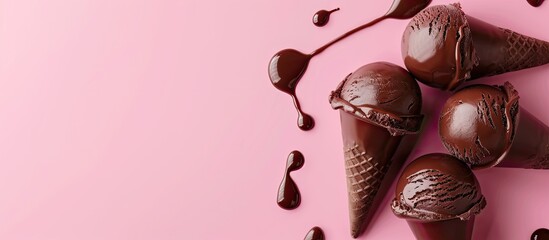 Wall Mural - Chocolate coated ice cream on a pink background top view Room for text. Copy space image. Place for adding text and design