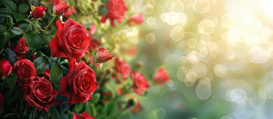 Canvas Print - A cluster of red rose flowers with a blurred natural background and copy space