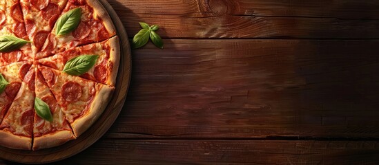 Poster - Delicious pizza on a wooden surface. Copy space image. Place for adding text and design