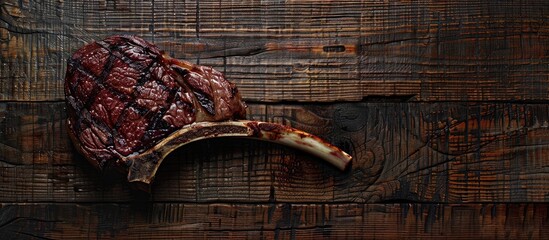 Poster - Steak on the bone Tomahawk steak on a dark wooden background Top view Free copyspace