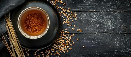 Canvas Print - Plate of roasted barley alongside a cup of hot Japanese barley tea or mugicha on a black wooden table. Copy space image. Place for adding text and design