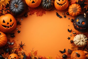 Wall Mural - Halloween theme card with 3d style of pumpkins, rat and autumn leave on orange background with copy space for text replacement. 