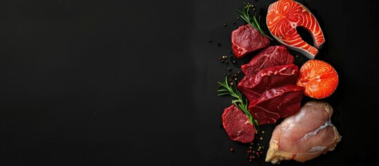 Sticker - A variety of raw meats including steaks salmon beef pork and chicken Black background Top view Copy space