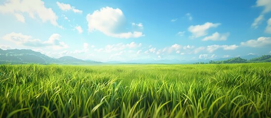 Poster - Green grass field and blue sky create a summer landscape backdrop. Copy space image. Place for adding text and design