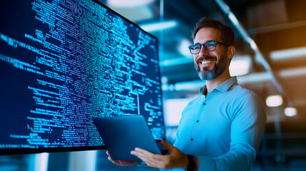 Wall Mural - a cybersecurity specialist smiling confidently while holding a laptop in front of a large monitor di