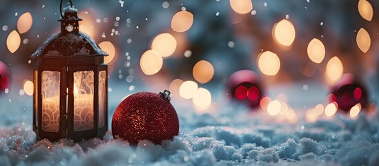 Poster - Christmas lantern on the snow beside red textured balls with a backdrop of lights in close up. Copy space image. Place for adding text and design