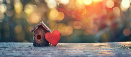 Canvas Print - Paper heart shape and wooden house with copy space for design in a love and Valentine theme