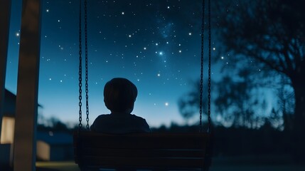 Wall Mural - a child sitting on a porch swing rocking slowly while staring at the starry sky above.