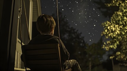 Wall Mural - a child sitting on a porch swing rocking slowly while staring at the starry sky above.