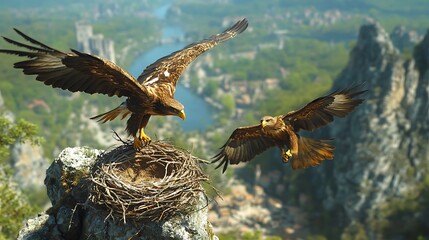 A pair of eagles building their nest high in a mountain cliff