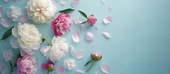 Canvas Print - Beautiful peony concept Overhead photo of magenta and white peony flowers buds and petals on a light blue background with copyspace