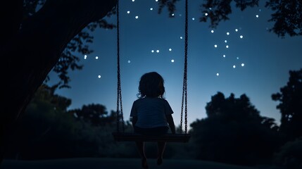 Wall Mural - a child sitting on a swing in a darkened park gazing up at the stars with a quiet sense of wonder.