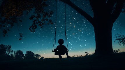 Wall Mural - a child sitting on a swing in a darkened park gazing up at the stars with a quiet sense of wonder.