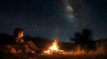 Wall Mural - a child sitting by a campfire looking at the stars with a sense of awe and reflection.